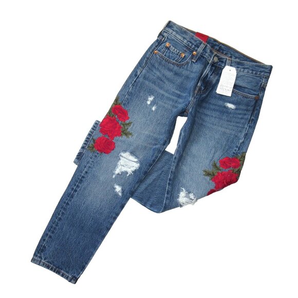 NWT Levi's 501 Taper Custom Blues Rose Embroidered Destroyed Boyfriend Jeans 24 - Picture 1 of 11